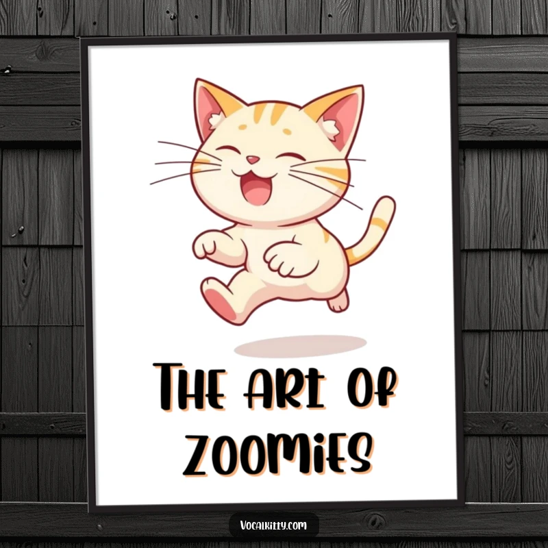 Funny cat poster of a cartoon cat leaping with exaggeratedly long whiskers trailing dramatically, capturing a moment of whimsical energy and humor.