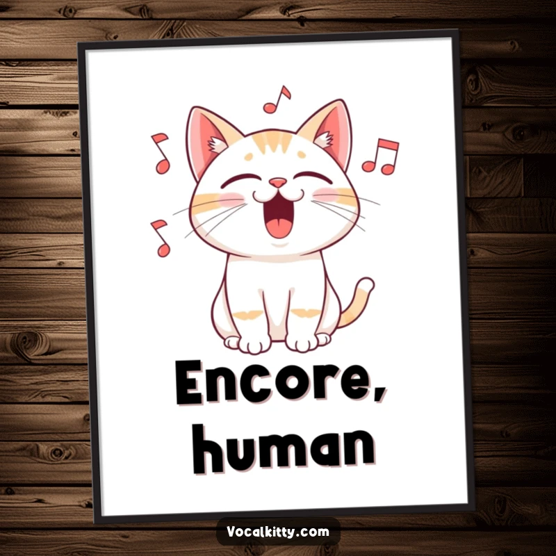 Funny poster illustrating a cat singing with its mouth wide open, surrounded by flying musical notes, capturing a moment of pure musical expression.