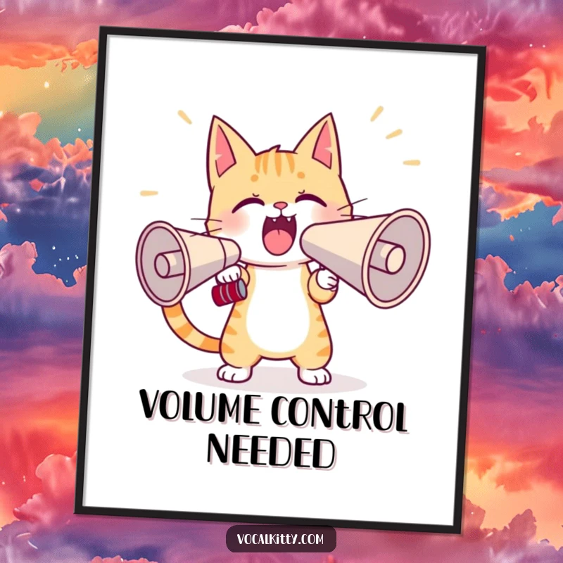Funny cat poster showing a determined character practicing projecting its voice through a giant megaphone, adding humor to any room.