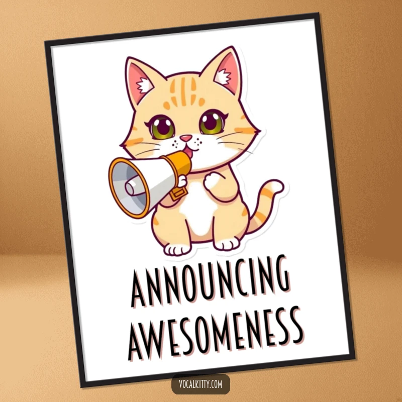Funny determined cat poster, holding a megaphone, looking focused and ready to make a powerful announcement.