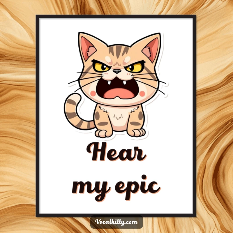 Funny cat character with a determined, loud expression, ready to unleash a big sound, as a poster.