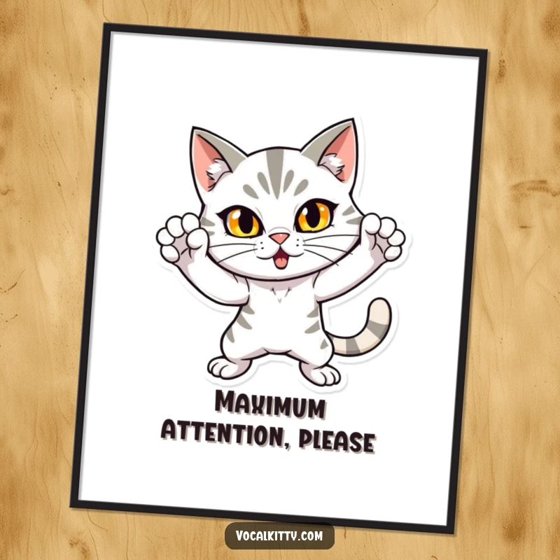 Funny poster of a cat in a dramatic, loud, attention-grabbing pose, creating a humorous focal point for any room. Eye-catching wall art.