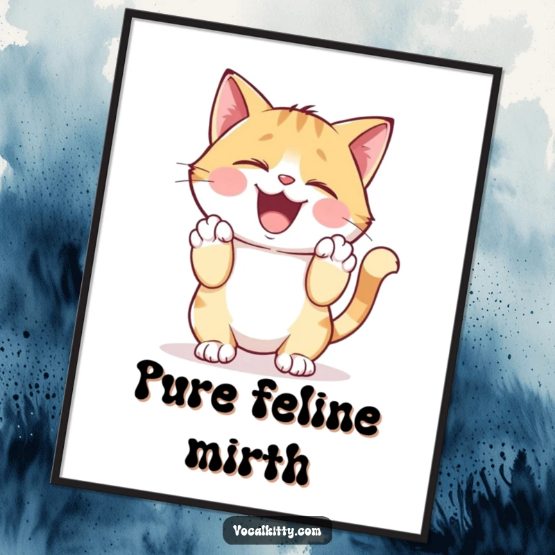 Funny Poster depicting a cat character giggling heartily, clutching its sides, embodying uncontrollable amusement and fun.