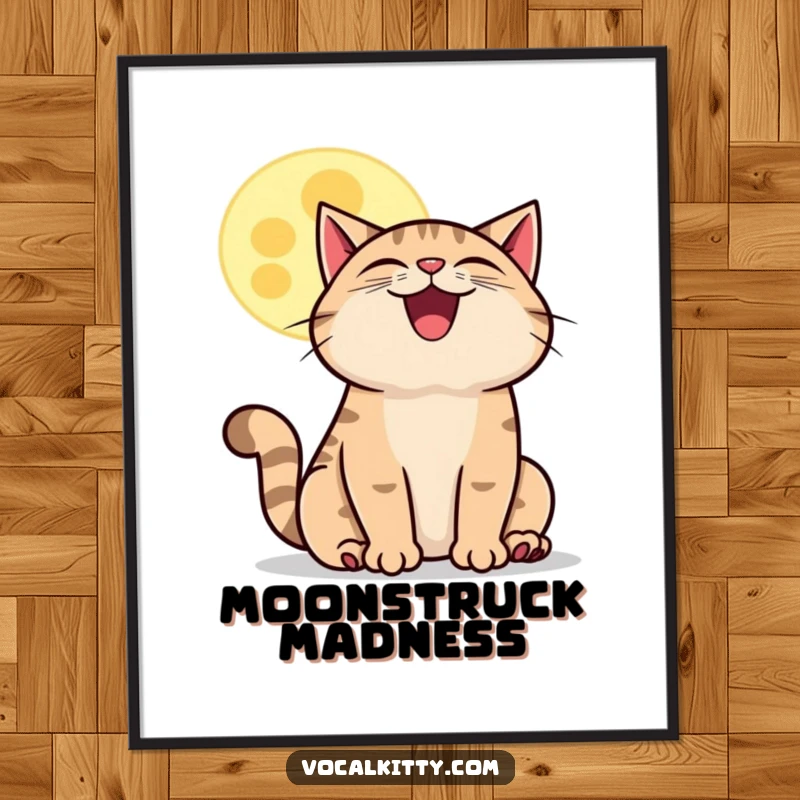 Funny howling cat moon poster, a grinning cat howling at a charming cartoon moon, evoking a sense of wonder and joy.