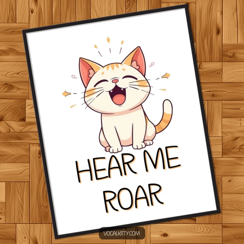 Funny poster of a cat loudly meowing, with amplified sound waves emanating from its open mouth. Captures humorous auditory expression.
