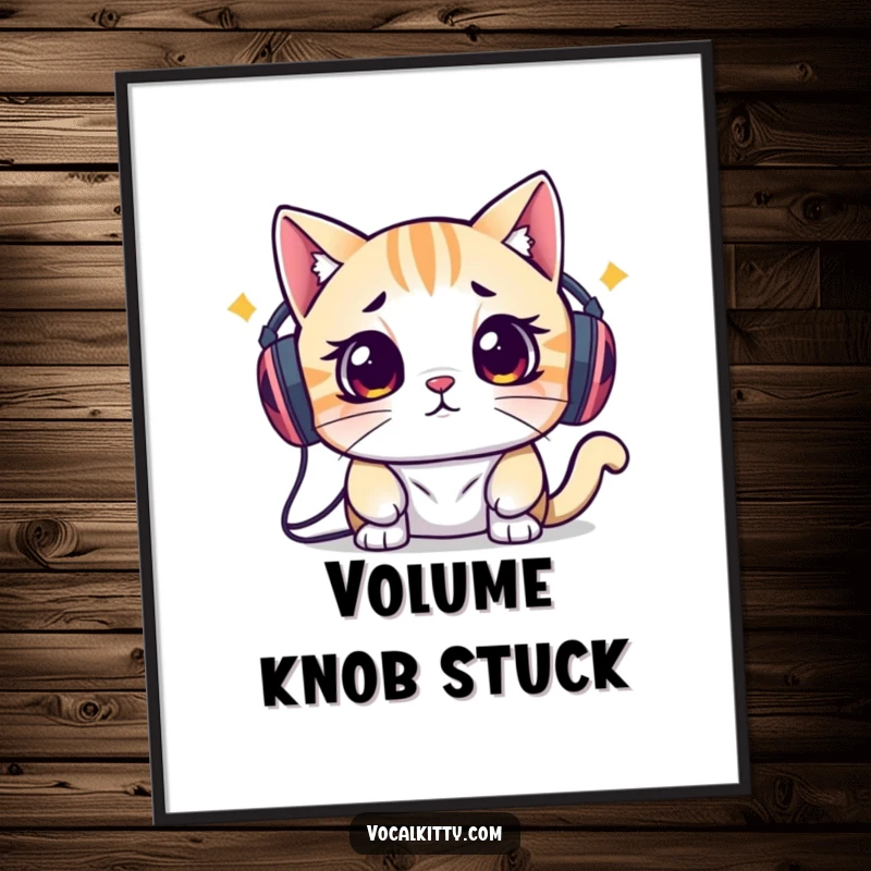 Funny poster art of a cat with large speakers on its ears, its eyes wide with overwhelm, creating a humorous visual of sensory overload.