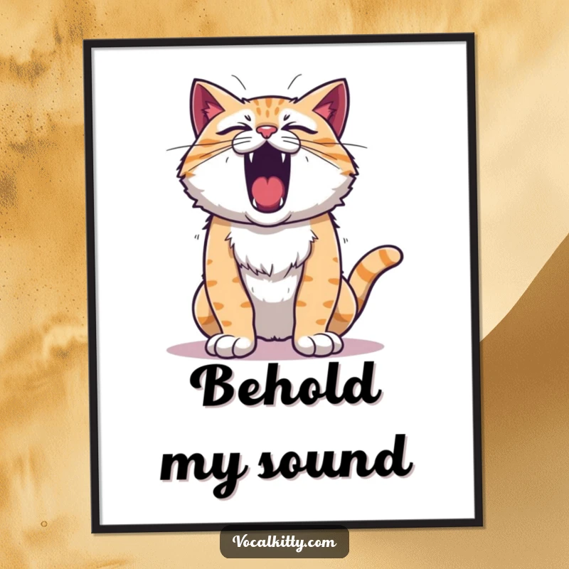 Funny roaring cat poster, chest puffed out, mid-roar with intense feline energy and expression.