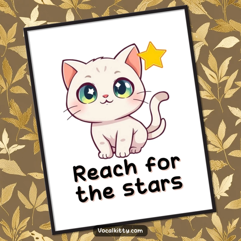 Funny Poster artwork of a cat with wide, sparkling eyes, enthusiastically chasing a radiant, shimmering star.