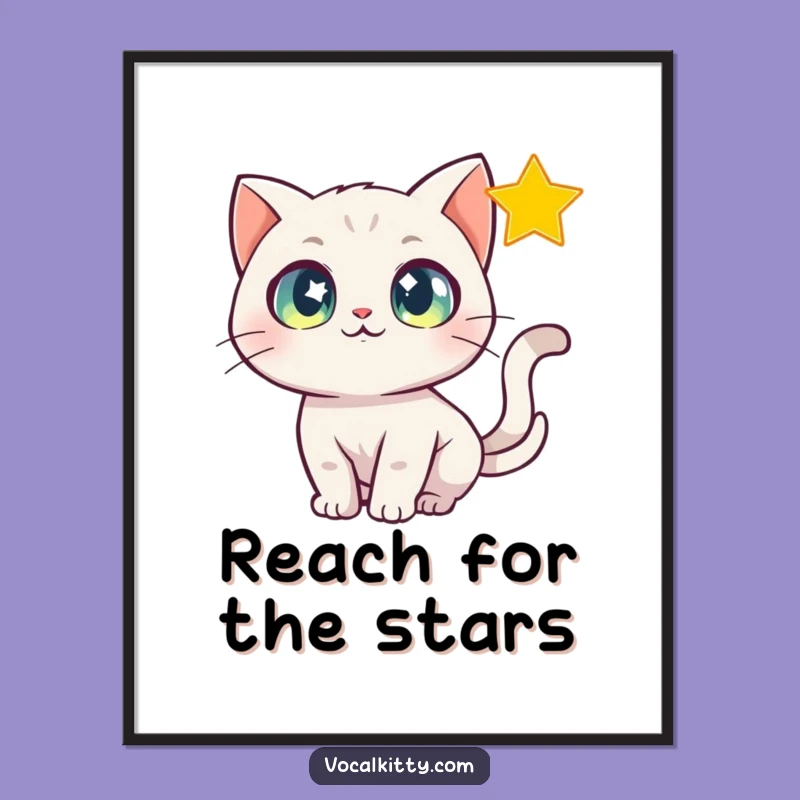Funny Star Chasing Cat Poster, Dreamy Wall Art, Magical Decor