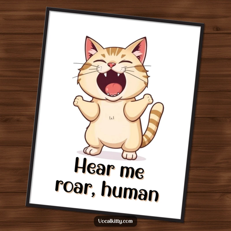 Funny poster showcasing a cat shaking its whole body while letting out a comically loud, exaggerated shout.