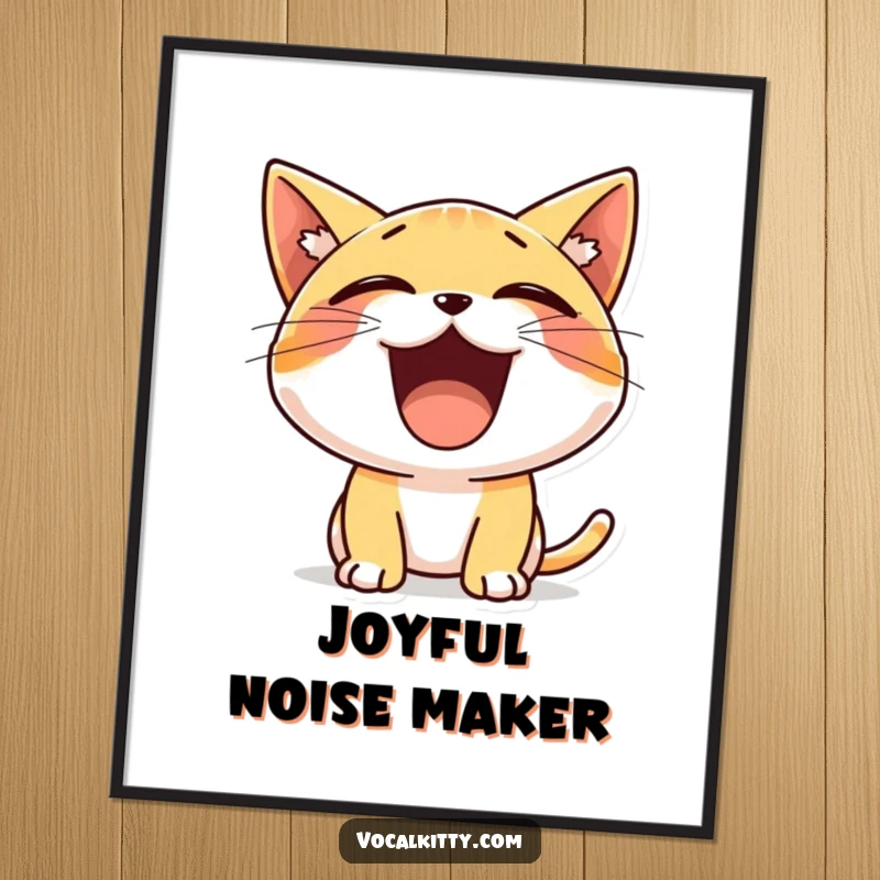 Funny poster depicting a small, ecstatic cat character yelling with a wide-open mouth, radiating pure, uninhibited joy.