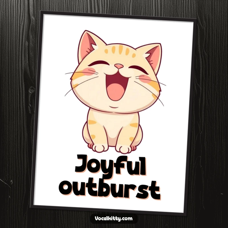 Funny poster featuring a cartoon cat character with its mouth wide open, letting out a loud, joyful squeal of pure excitement.