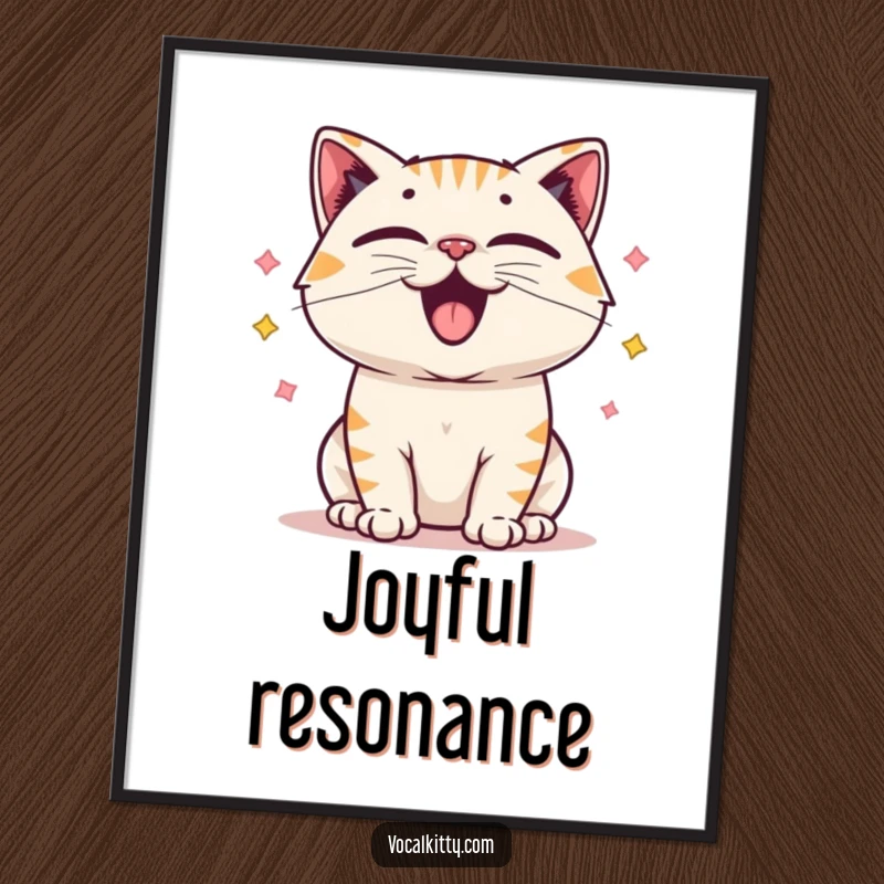 Funny poster featuring a cartoon cat character with exaggerated vocal cords in full vibration, creating visible happy sound waves.