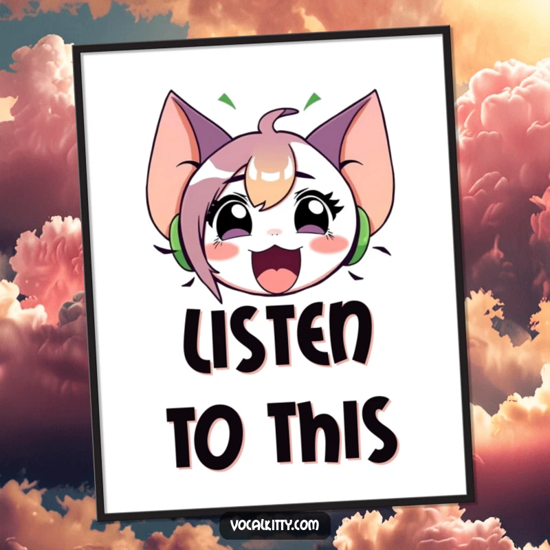 Funny poster of a character with oversized ears, emitting prominent sound waves from a wide-open mouth. Captures sonic energy.