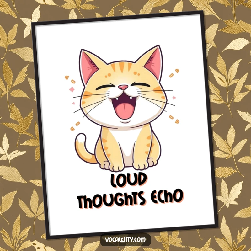 Funny Poster: A cat with its mouth wide open, emitting cartoon sound waves, representing loud meows for humorous decor.