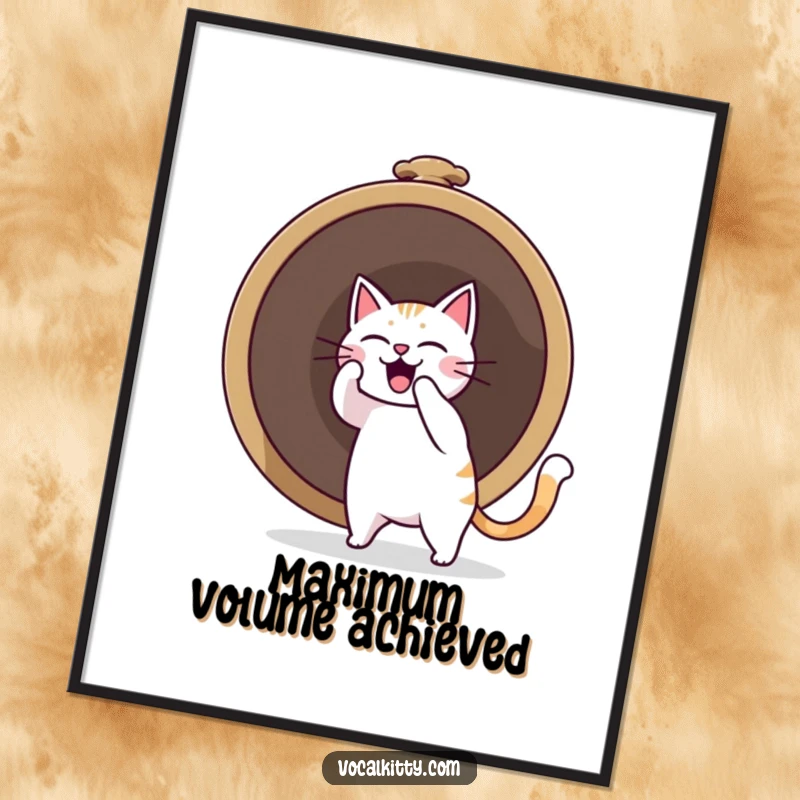 Funny cat character intensely ringing a bell, creating a comical sound boom, presented as eye-catching wall art.