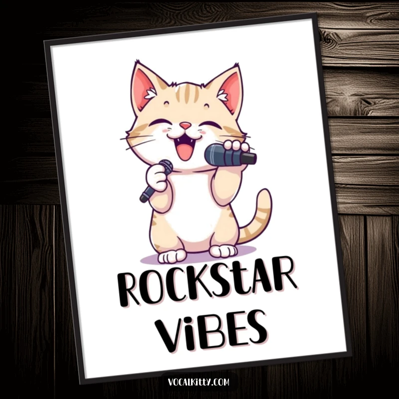 Funny poster of a small cat with a microphone, paws raised high while belting a tune, creating a humorous spectacle.