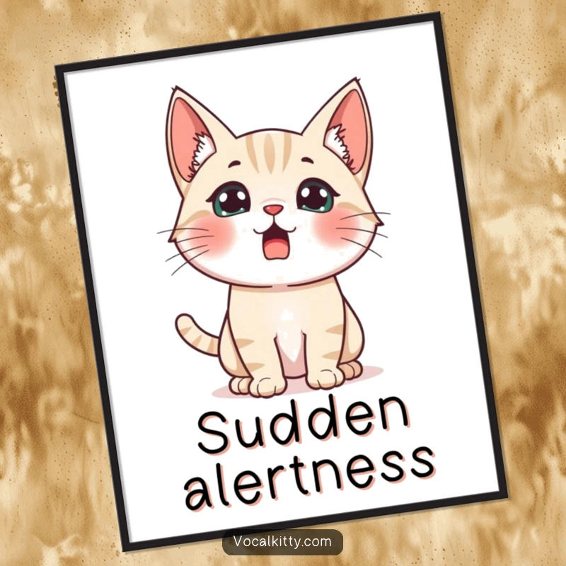 Funny surprised cat poster, ears perked high, eyes wide, depicting a humorous moment of shock and alertness.