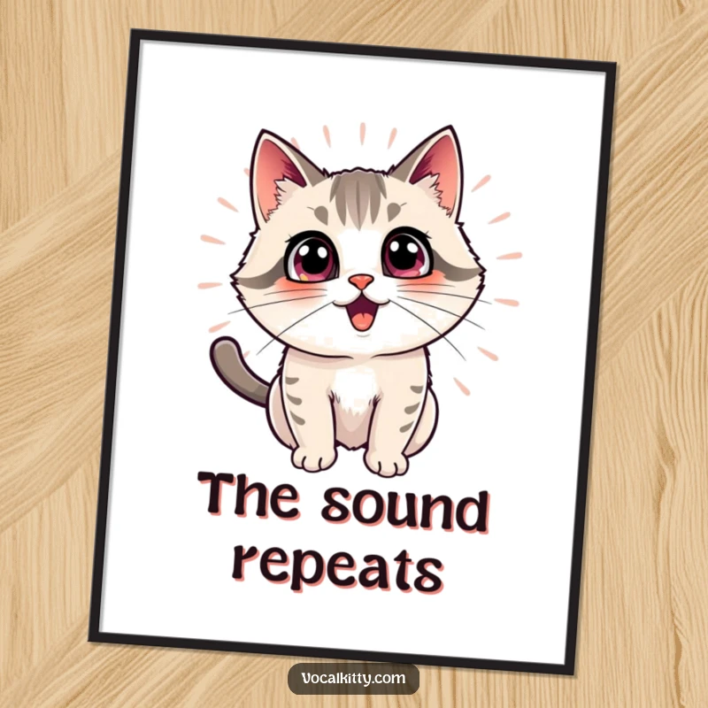 Funny cat poster art depicting an excited cat with radiating echo effects, symbolizing amplified joy and positive energy.