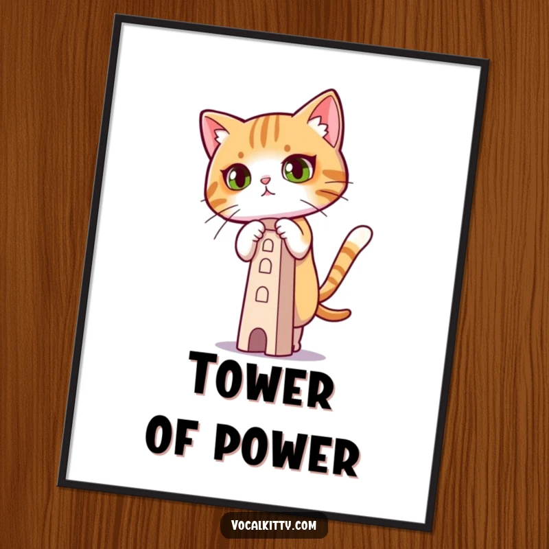Funny Poster artwork of a cat with eyes locked in concentration, carefully balancing a tiny tower.