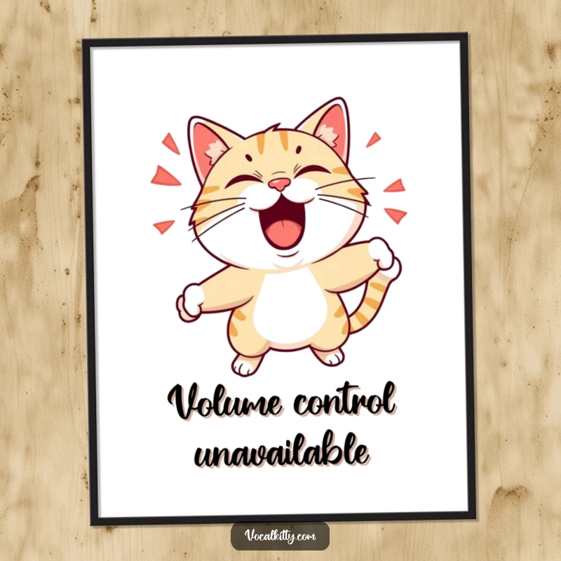 Funny poster of a cat playfully shouting with exaggerated facial expressions and dynamic motion, adding a lively and humorous focal point. Eye-catching art.