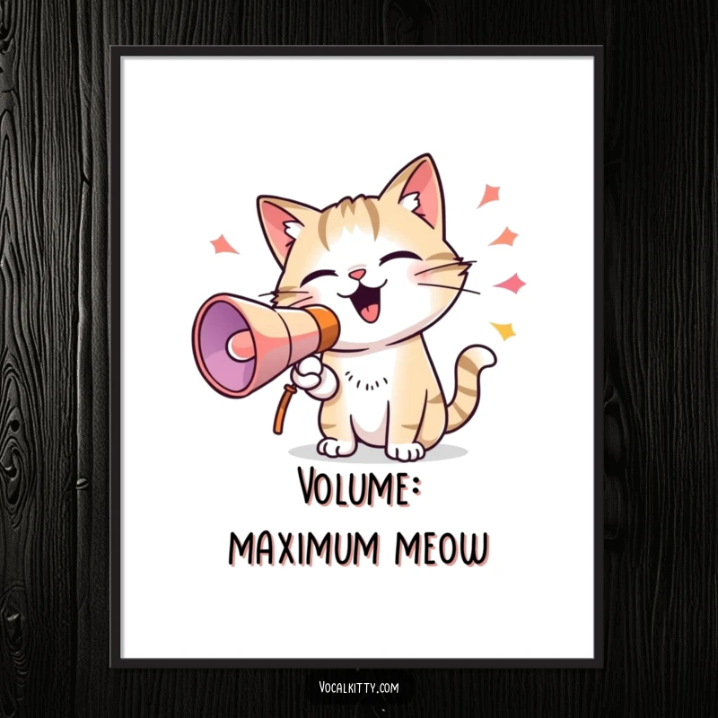 Funny poster illustrating a cat holding a megaphone and projecting colorful sound waves, capturing a moment of loud feline expression.