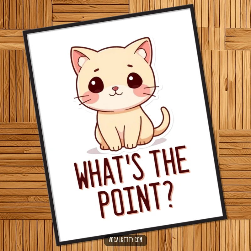 Funny Cat Poster showcasing a small cat with a tail forming a question mark, radiating curiosity and fun.