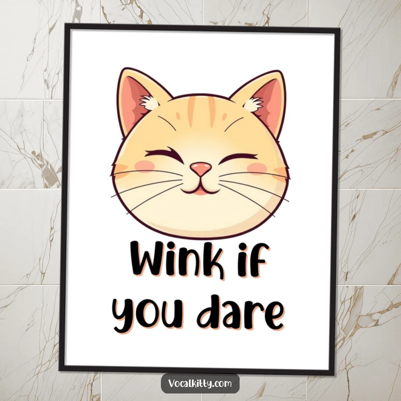 Funny cat poster showcasing a cartoon cat face with whiskers playfully forming a winking expression, adding a humorous and charming artistic touch.