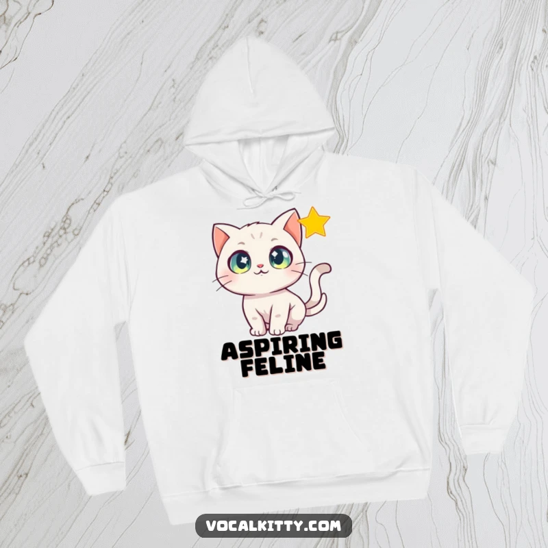 Funny Hoodie showing a cat with wide, sparkling eyes in pursuit of a luminous, shimmering star.