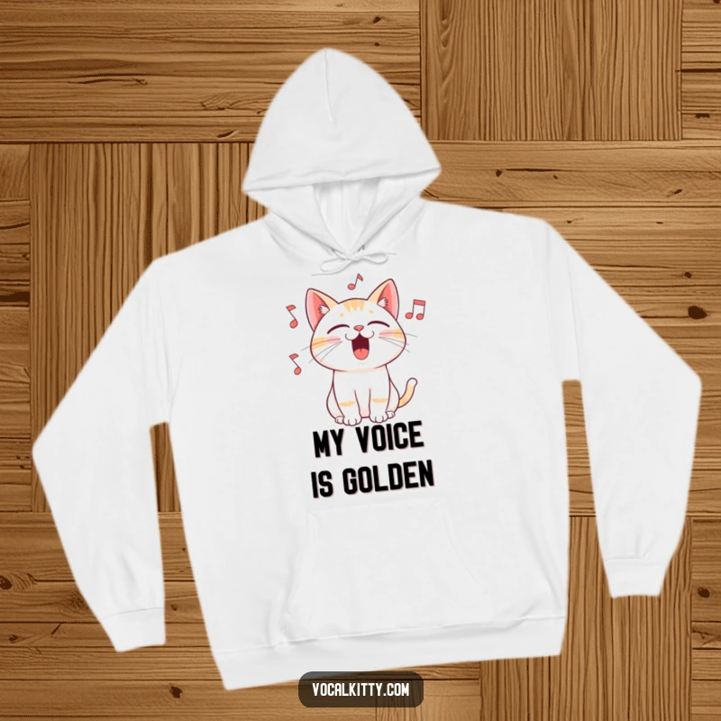 Funny hoodie with a cat singing with its mouth wide open and musical notes flying out, perfect for cozying up with a love for music.