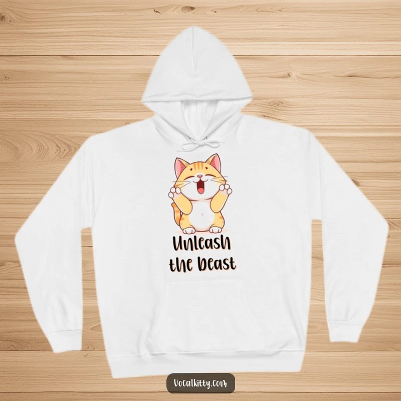 Funny yodeling cat hoodie, showing a cat holding its ears while yodeling, radiating pure joy and musical passion. Ideal present.