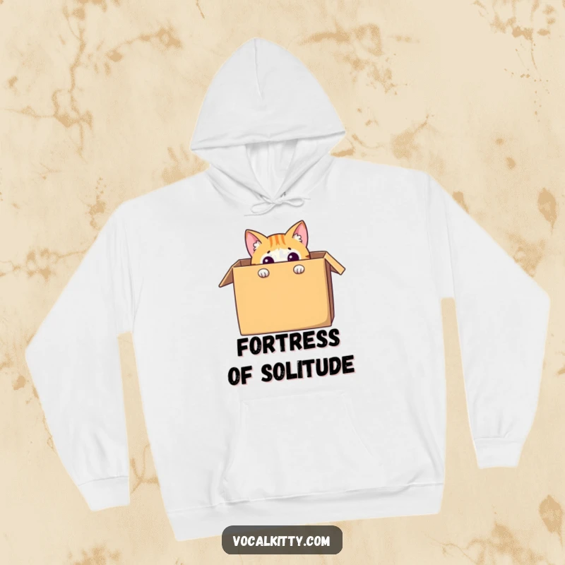 Funny cat hoodie featuring a curious feline character peeking out from a large cardboard box, offering warmth and humorous charm.