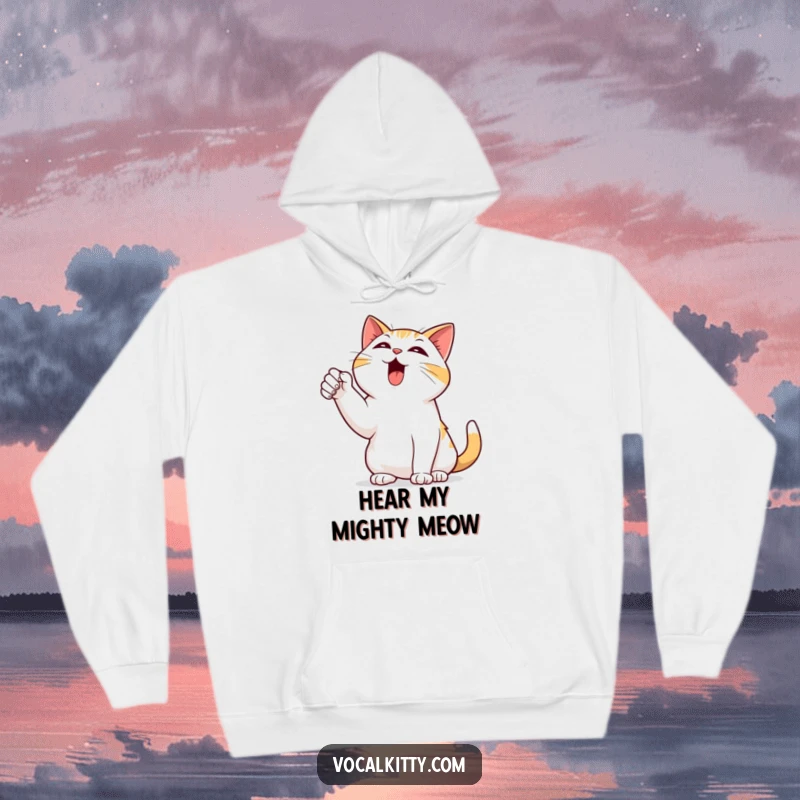 Funny hoodie depicting a black cat dramatically pointing a paw skyward, bellowing loudly with a comedic, theatrical pose.