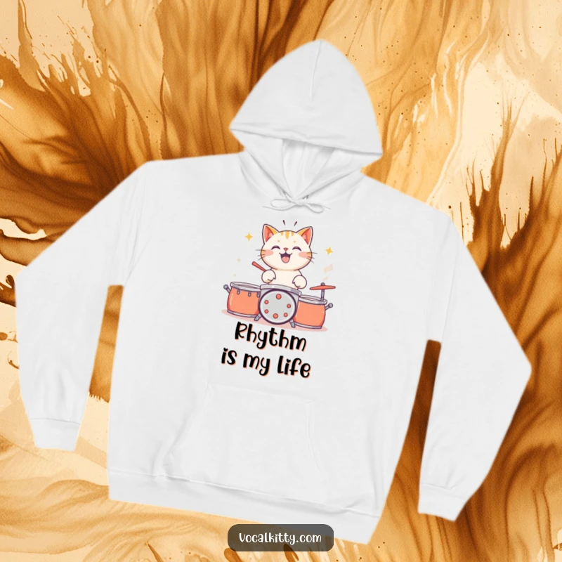 Funny cat wearing a hoodie, drumming on pots and pans, cozy and musical.