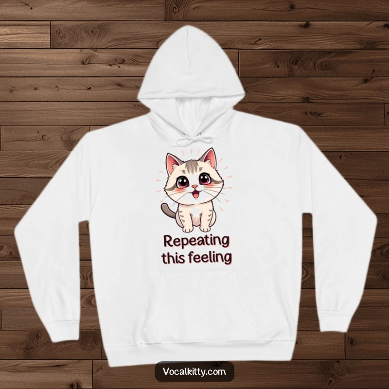 Funny cat hoodie featuring an excited cat with radiating echo effects, symbolizing boundless energy and amplified joy.