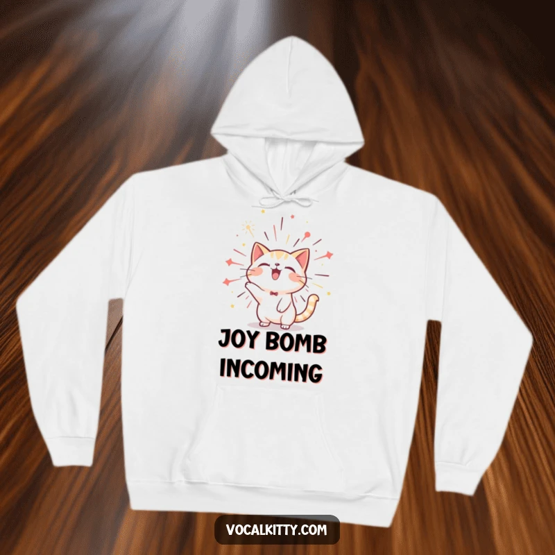Funny cat hoodie showing a character bursting with joyful sound like a vibrant firework, offering warmth and celebratory vibes.