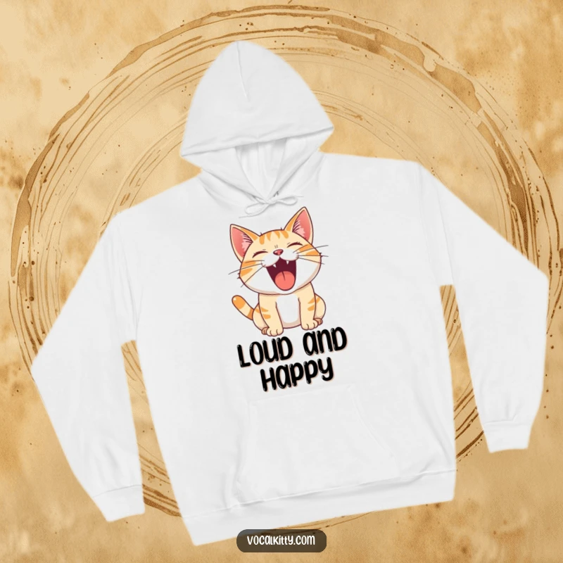 Funny Hoodie showing a cat's mouth wide open in a tremendous, joyful roar, radiating playful energy.