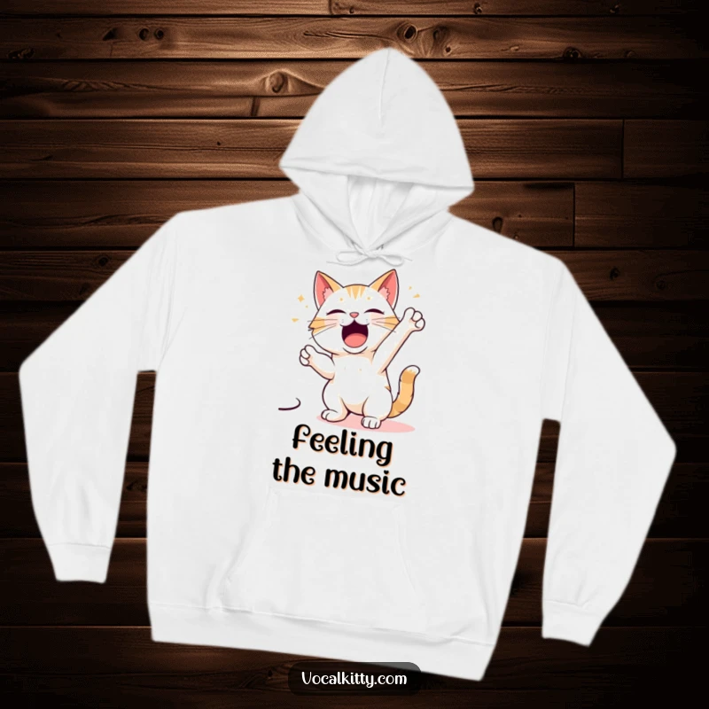 Funny hoodie showcasing a cartoon cat character adopting a grand, dramatic pose, ready to perform a show-stopping song.