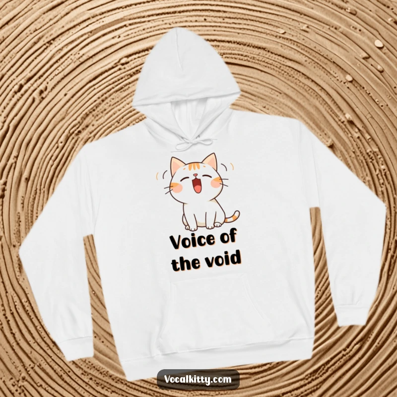 Funny hoodie depicting a simplified cat with a wide-open mouth emitting visible sound waves, symbolizing a loud vocalization.