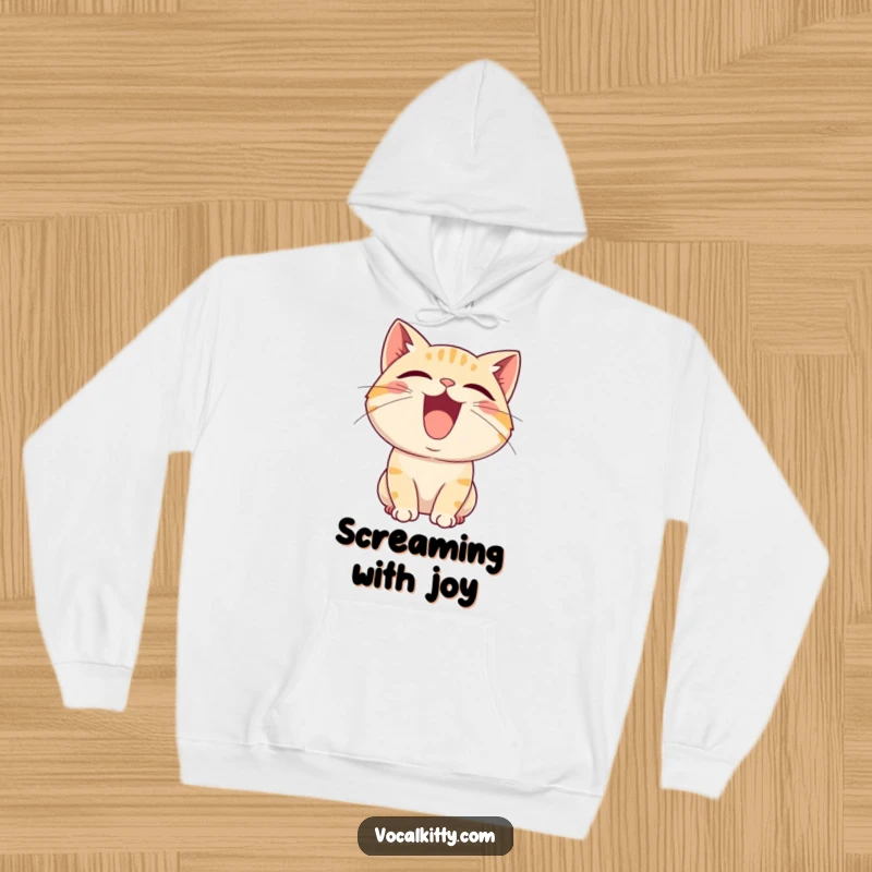 Funny hoodie designed with a cartoon cat character whose mouth is agape, letting out an infectious, joyful squeal.