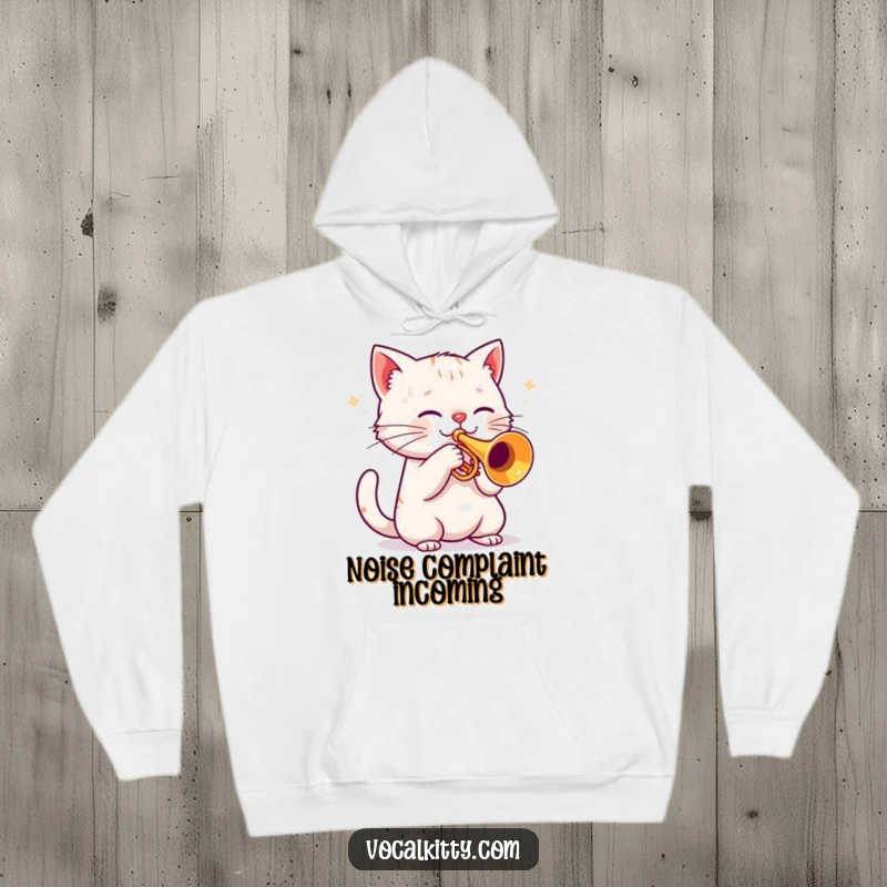 Funny cat playing a trumpet with exaggerated enthusiasm, musical mayhem, cozy hoodie design.