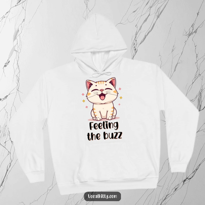 Funny hoodie designed with a cartoon cat character whose exaggerated vocal cords are vibrating, producing delightful happy sound.