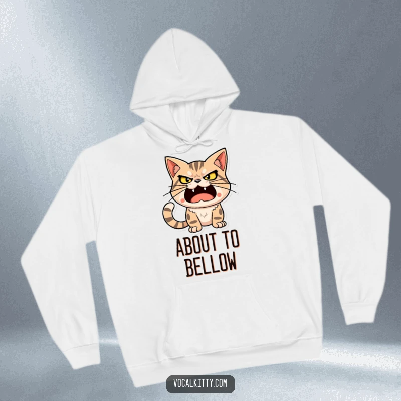 Funny cat character with a determined, loud expression, ready to unleash a big sound, wearing a hoodie.