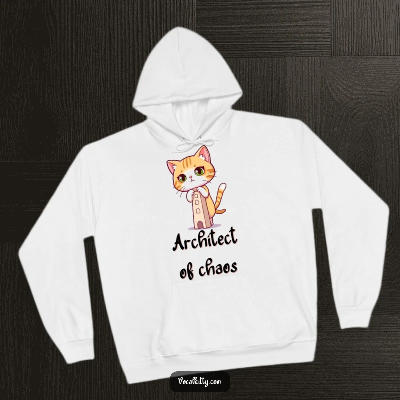 Funny Hoodie featuring a cat with extreme concentration, meticulously balancing a tiny, unstable tower.