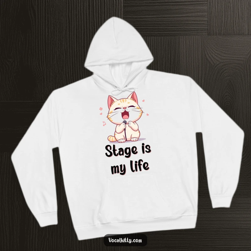 Funny hoodie featuring a cat character performing opera with intense dramatic flair, paws outstretched, embodying the music.