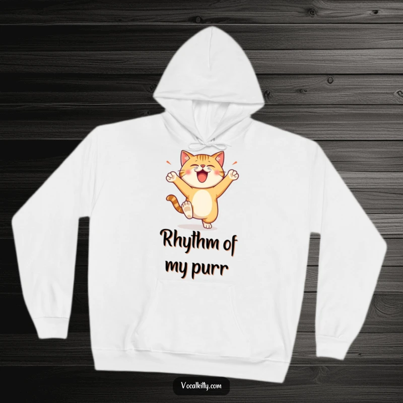 Funny Hoodie of a cat character stomping its feet with loud, happy energy, perfect for expressing joy.