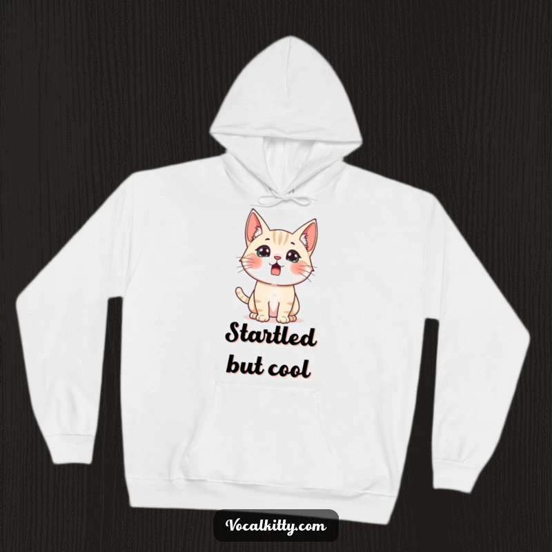 Funny surprised cat hoodie, ears perked high, eyes wide with humorous shock and alertness.