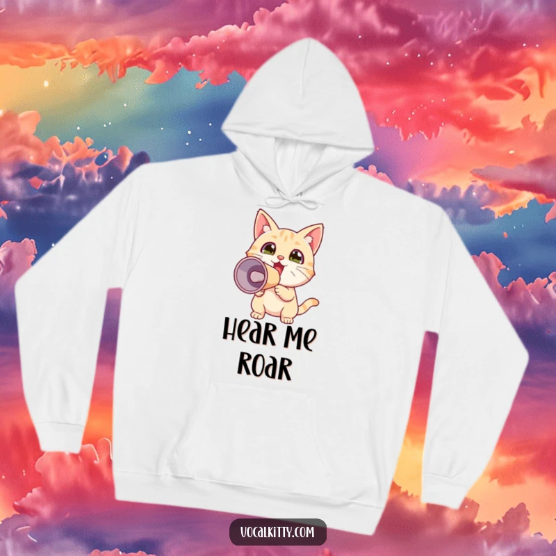 Funny hoodie featuring a tiny, excited cat holding a megaphone, ready to announce something incredibly important with its amplified voice.