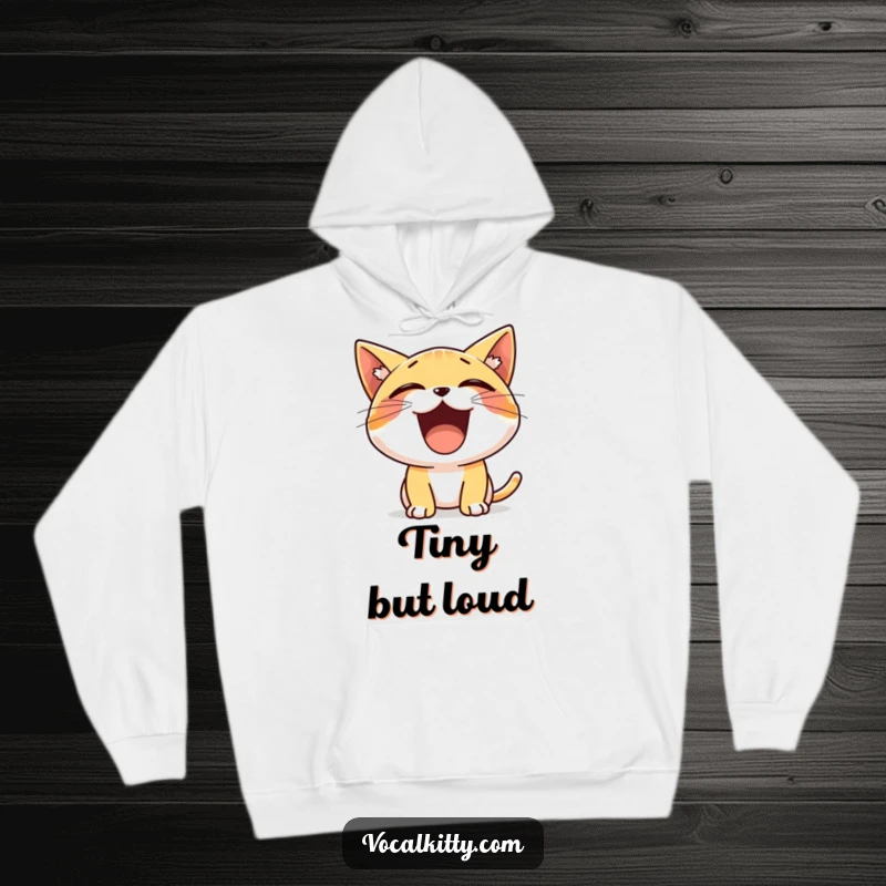 Funny hoodie showcasing a tiny, excited cat character loudly yelling with an open mouth, projecting pure, unadulterated cheerfulness.