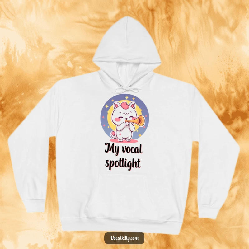 Funny hoodie illustration of a character playing its voice box like a trumpet, producing cheerful, vibrant sound.